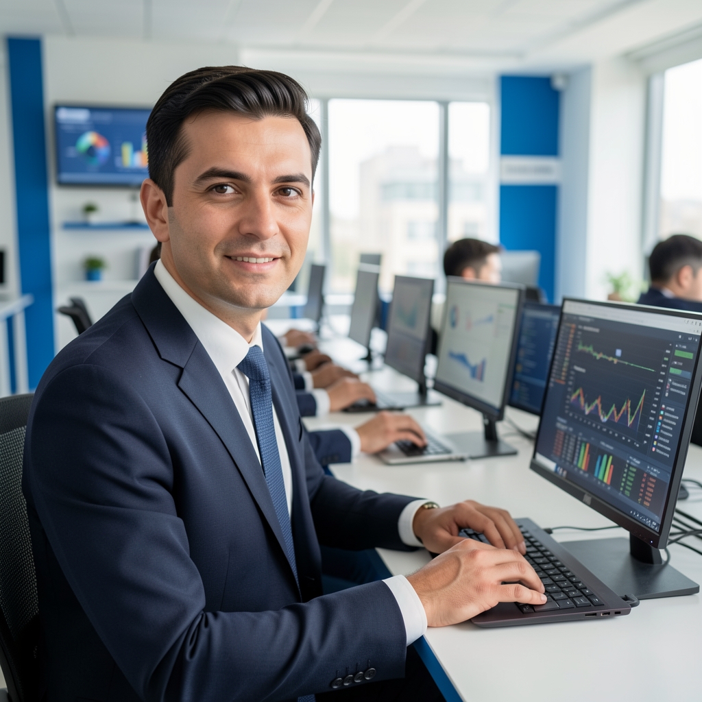 Modern analitik ofis ortamı, ekonomistler masa başında dizüstü bilgisayar ve büyük ekranlar üzerinde veri analizleri yapıyor, açık mavi ve beyaz renk dekorasyonu, Ankara merkez ofis