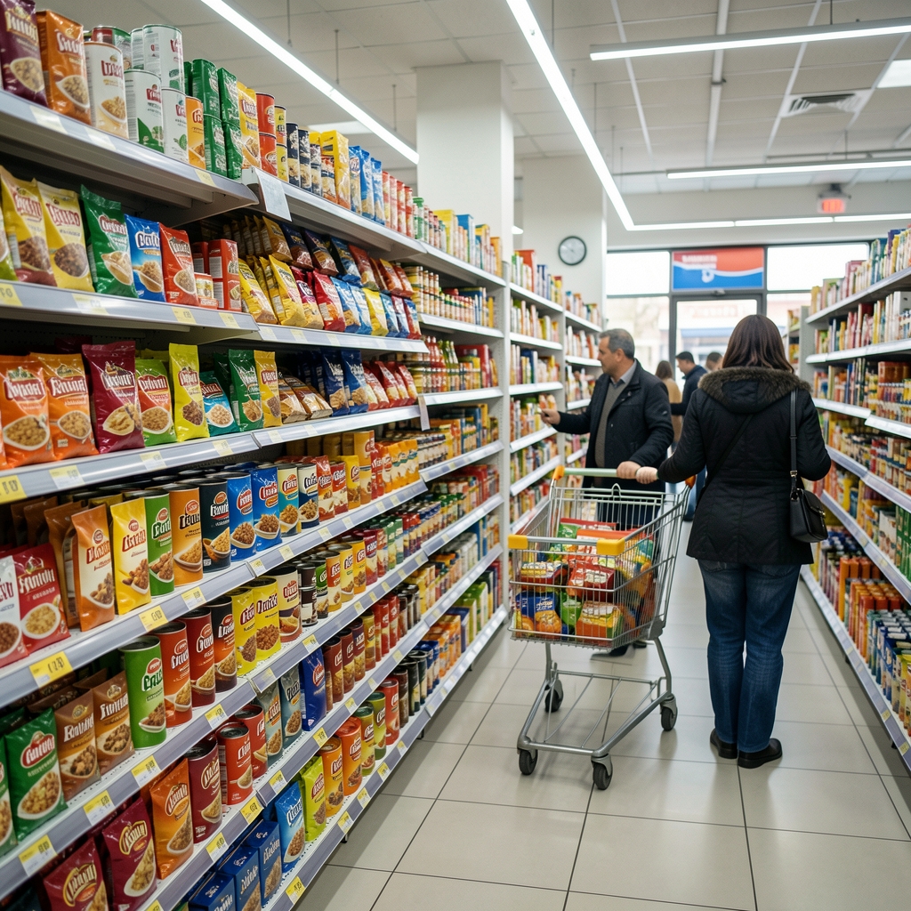 İstanbul süpermarketinde raflar dolu gıda ürünleri, fiyat etiketleri ve alışveriş yapan müşteriler - tüketici fiyat artışını gösteren günlük yaşam sahnesi