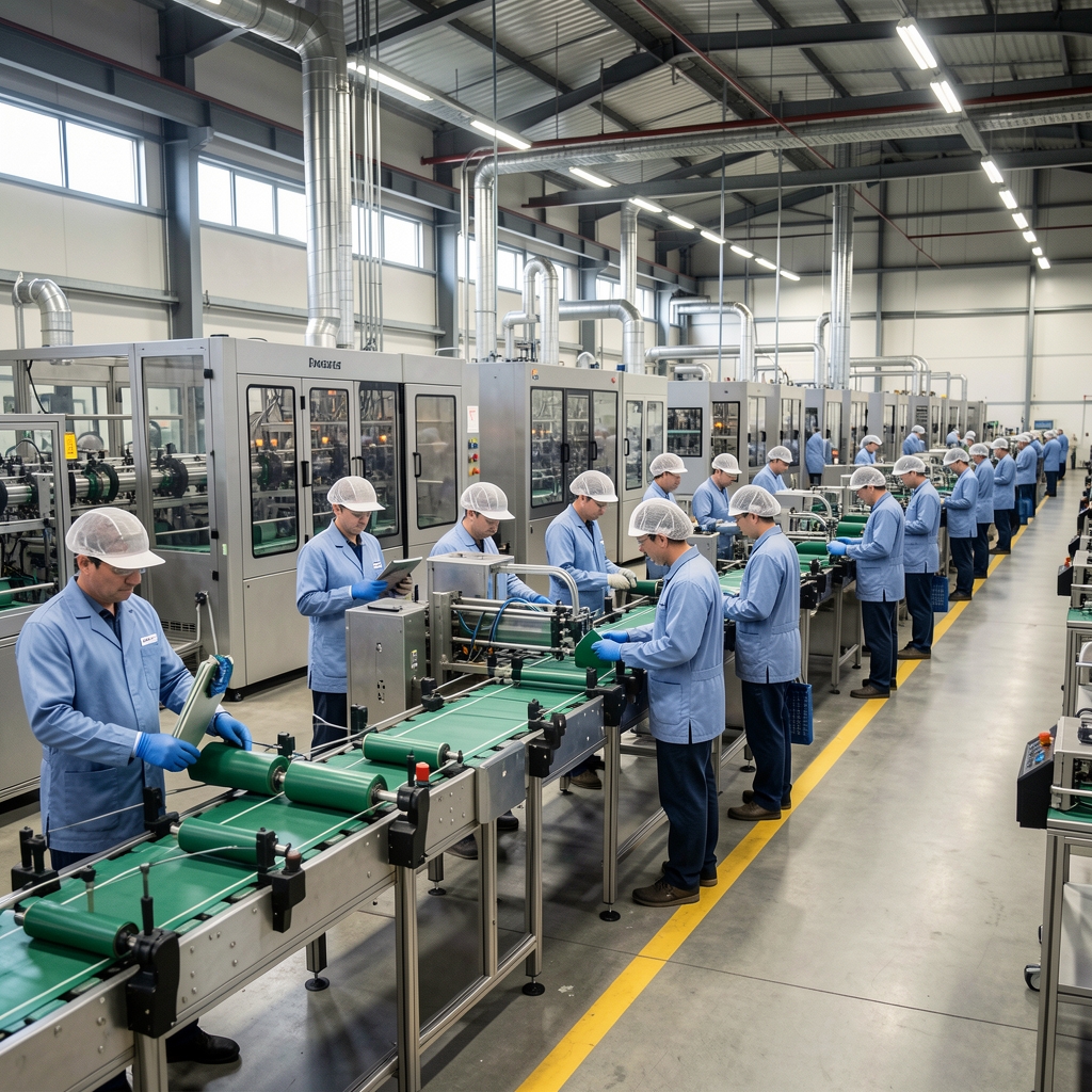 Modern fabrika üretim hattı, işçiler çalışıyor, arka planda makineler ve üretim ekipmanları - üretici maliyetlerini temsil eden endüstriyel görüntü