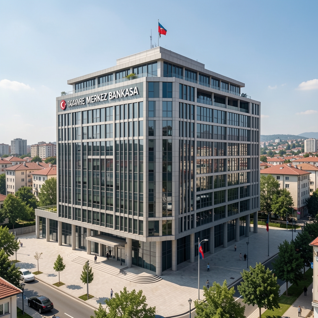 Türkiye Merkez Bankası binası dış cephesi, modern mimari, güneşli hava, Ankara şehir merkezi arka planı - para politikası ve faiz kararlarını simgeleyen kurumsal bina fotoğrafı