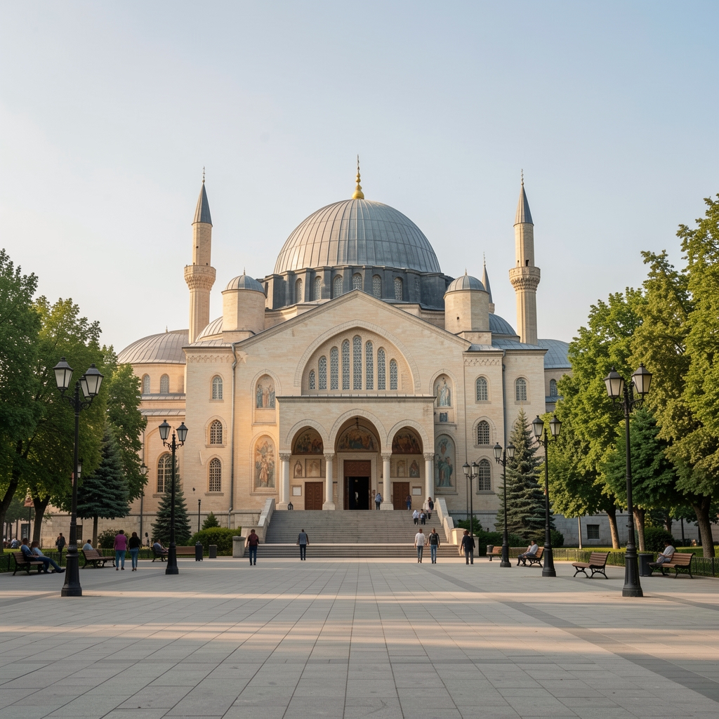 Ankara'da modern kamu binası mimarisi, büyük cam cepheli resmi idari bina, geniş açı lens, mavi gökyüzü ve kentsel çevre